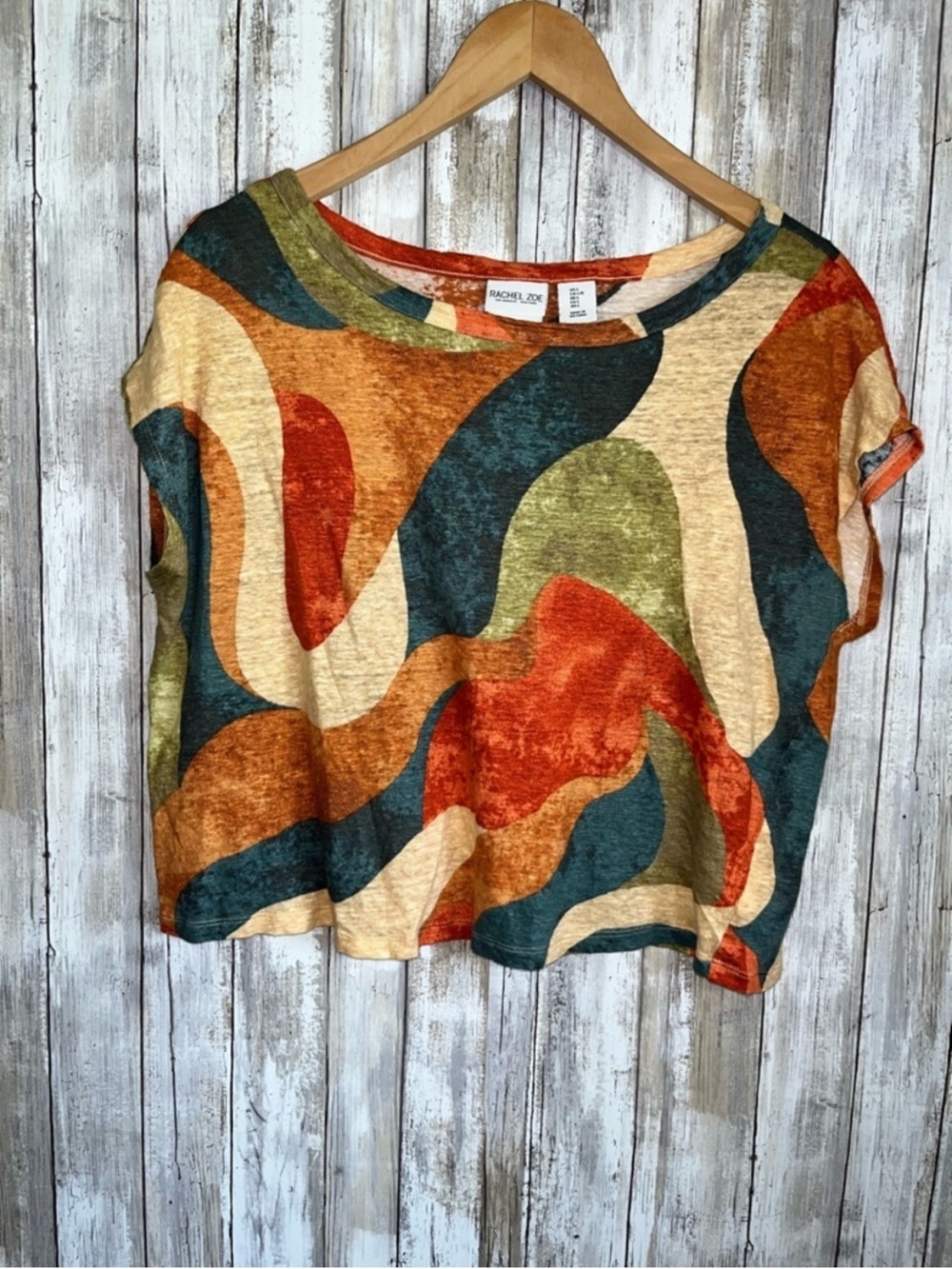 Rachel Zoe Linen Cropped Top Women Large Abstract Print Boxy Short Sleeve Blouse
